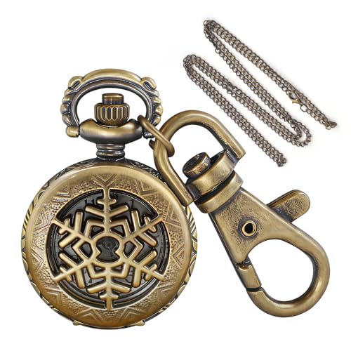 Tiong Brown Hollow Snowflakes Men's Quartz Pocket Watch with Keychain & Chain - Unisex Dual-Use Design for Daily Carry