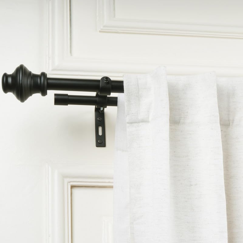 The Decor Mart 84"-144" Adjustable Double Curtain Rod for Door & Windows with Brackets Set Curtains Hanging Extendable Iron Metal Pipe Holder | Typho Black Metal Finial