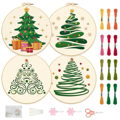 Image of FREEBLOSS 4 Set 20cm Christmas Tree Embroidery Kit Cross Stitch Kit with Stamped Christmas Pattern Embroidery Kit for Beginners Instructions Included Embroidery Starter Kit for Adults
