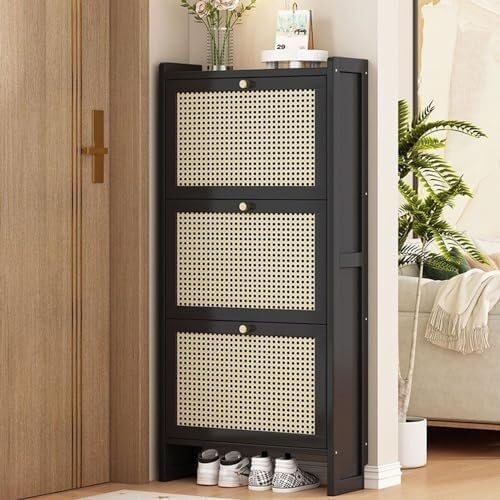 Zapatero de bambú, estrecho, vertical, con 2/3 cajones reversibles, puerta de malla transpirable, parte inferior abierta, ideal para entrada y dormitorio (50 x 17 x 120 cm)