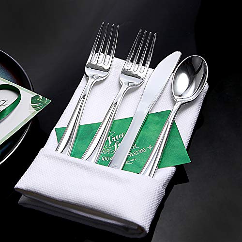 Nervure 300 Piece Silver Plastic Silverware Set - Heavy Duty Silver Plastic Cutlery - Heavyweight Silver Disposable Flatware Include 100Forks, 100Knives, 100Spoons for Parties, Dinners, Weddings