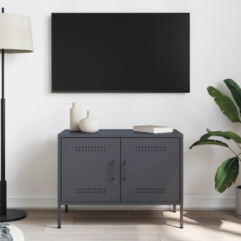 Mobile TV antracite in acciaio, 68 x 39 x 50,5 cm, con 2 scomparti, salvaspazio, per soggiorno, camera da letto, home theater, moderna credenza bassa con spazio e ripiano