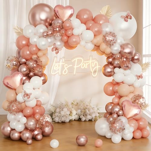 QIFU Rose Gold Balloon Arch Kit - 124pcs Rose Gold Birthday Balloons Arch with Pink and White Balloons Butterfly Sticker Birthday Balloon for Women Girls Baby Shower Bride To Be Wedding Engagement