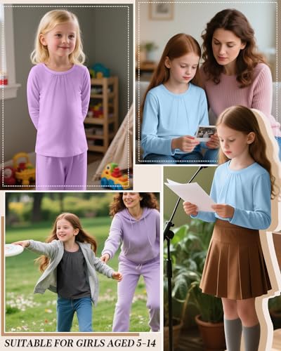 3 Pack Girls Long Sleeve Shirts Basic Casual Tops Loose Fit Kids Crewneck Solid Soft Layering Shirts3