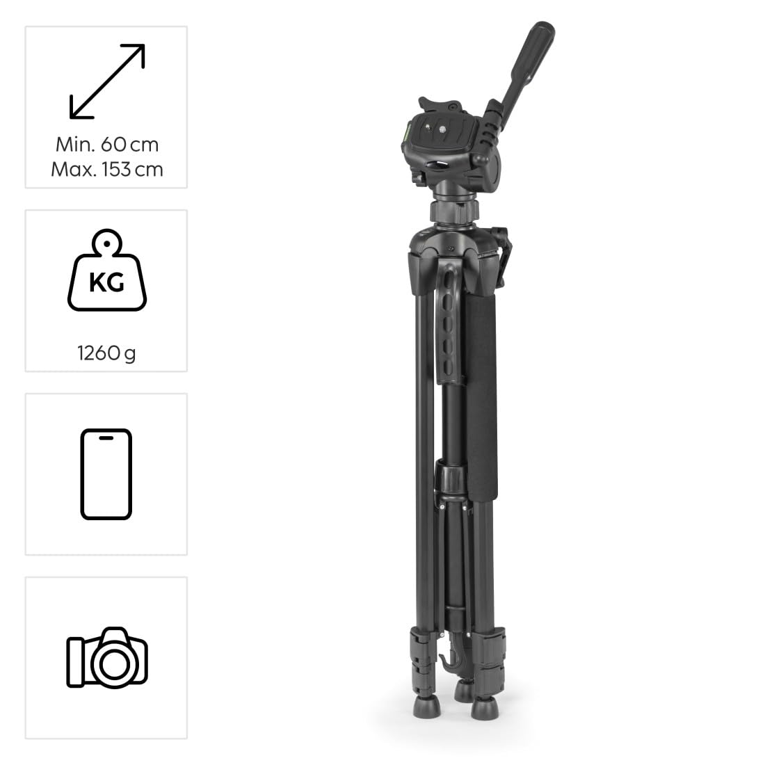 Hama Statyw do kamery Action 153 3D (lekki statyw fotograficzny z uchwytem na telefon komórkowy, tripod o wysokości 60-153 cm, trójnożny statyw z głowicą 3-drożną, statyw do lustrzanki, pasuje do