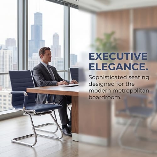 Image of Office Desk Chair No Wheels Set of 6 PU Leather Computer Chairs Mid Back Guest Chairs for School Reception Conference Waiting Room, Navy Blue