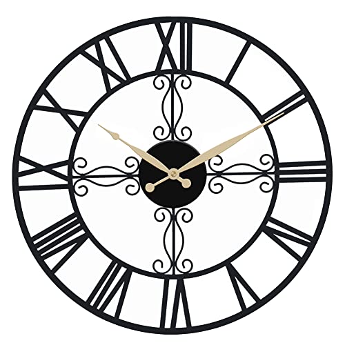 OCEST Grande horloge murale à chiffres romains de 45,7 cm - Étanche - Décoration contemporaine surdimensionnée - En métal noir antique - Fonctionne à piles - Style rétro - À suspendre - Noir Cover
