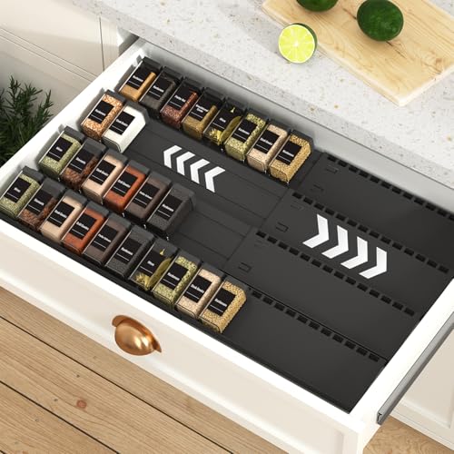 Homhut Gewürzregal Schublade 4 Etagen, Gewürz Organizer Schublade, Gewürz Schubladeneinsatz, Schubladen Ordnungssystem von 33cm bis 62cm, Organizer für Küche, Arbeitsfläche, Schrank, Regal
