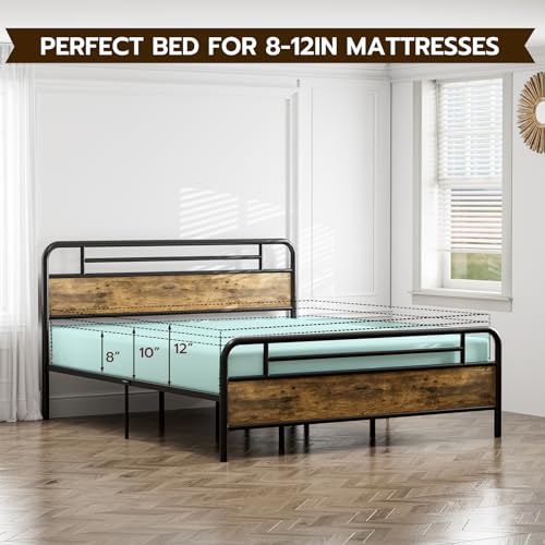 IKIFLY California King Bed Frames with Wood Headboard Footboard, Farmhouse Metal Cal King Platform Bed, Heavy Duty Steel Slats, 12\" Under Bed Storage, Noise Free, No Box Spring Needed - Rustic Brown - Thumbnail 7