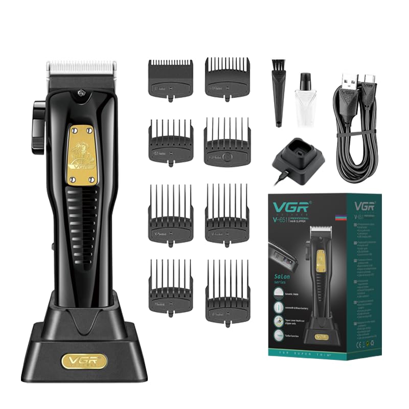 VGR V-651 Digital Display Professional Cordless Hair Clippers Electric Hair Cutter Machine Wireless Hair Grooming Trimmers Set Dock Stand Dual Motor Taper Lever Li-ion Battery 2500mAh 200 mins Runtime
