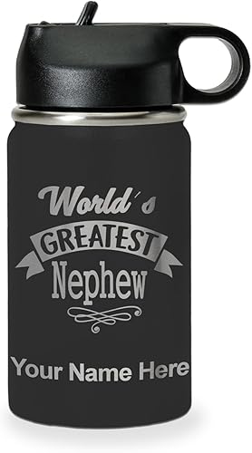 Miniatura 67 de LaserGram Botella de agua con tapa abatible de doble pared de 20 onzas con popote, sobrino más grande del mundo, grabado personalizado incluido
