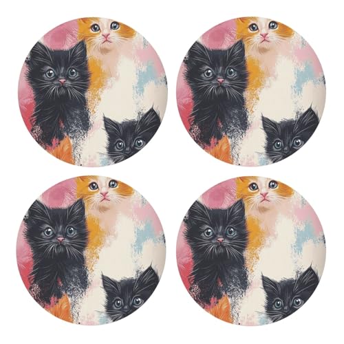 BoltPack Posavasos redondos con diseño de gato con base de corcho, juego de 4 posavasos, alfombrilla de protección de mesa para tazas y tazas
