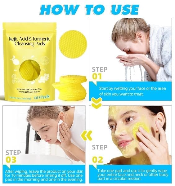 THE PURE NEST Kojic Acid and Turmeric Cleansing Pads for Dark Spots, Skin Brightening & Acne Prevention, Vitamin B5, Vitamin C, Infused Foaming Exfoliating for Face for All Skin (60Pcs) 1