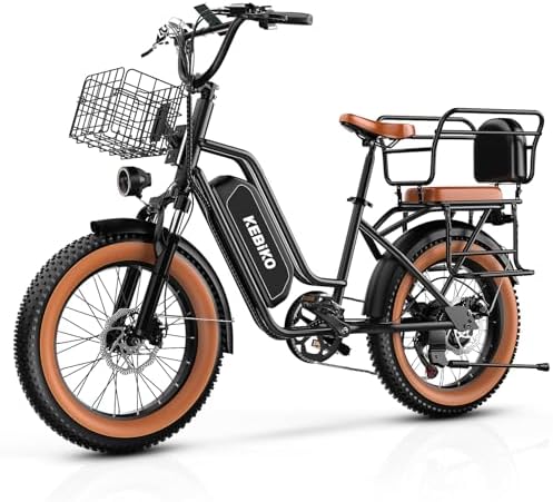 EUYBIKE Electric Bike for Adults, 20"x 4" Fat Tire 35MPH Ebike, 1450W Peak Cargo Ebike with 48V 20AH Removable Battery, 80 Miles Mechanical Disc Brake 2 Seater Electric Bicycle Black with Safety Seat