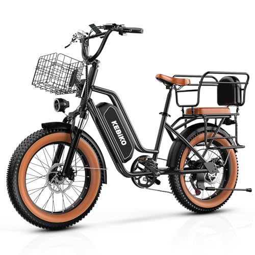EUYBIKE Electric Bike for Adults, 20'x 4' Fat Tire 35MPH Ebike, 1450W Peak Cargo Ebike with 48V 20AH Removable Battery, 80 Miles Mechanical Disc Brake 2 Seater Electric Bicycle Black with Safety Seat