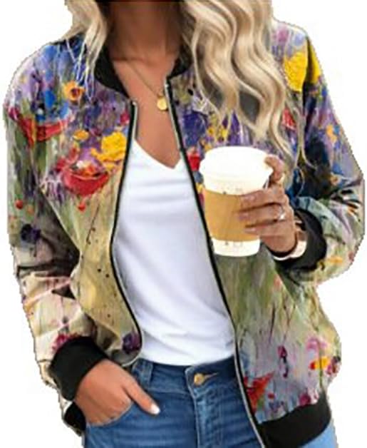 HipGlamp Women's Floral Print Bomber Jacket Casual Vintage Zip Coat Lightweight Long Sleeve Outwear Tops Windbreaker
