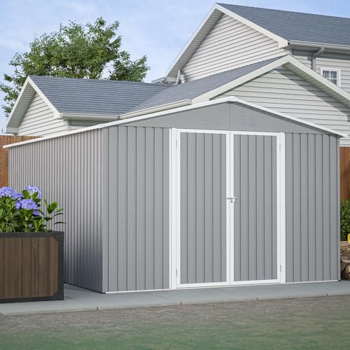 Image of YOPTO 10x12 FT Outdoor Storage Shed with Floor Frame Kit,Metal Shed W /Double Lockable Doors,Garden Tool Storage House W / 4 Air Vents & Sloped Roof,for Backyard,Patio,Lawn,Gray