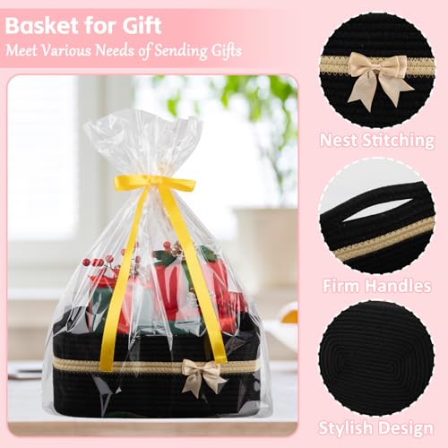 Image of OIAHOMY Large Woven Storage Basket with Handles for Nursery Living Room Shelves, Bow Basket for Gifts Empty with Gift Bags and Ribbons for Baby Showers Pet Toy Bin - Black