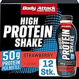 Body Attack High Protein Shake, Strawberry 12 x 500ml, 50g Protein, kalorienarmer Fitness Shake für den Muskelaufbau - Milch-Eiweiß, Fertigdrink für unterwegs, in 500ml Flasche, Made in Germany