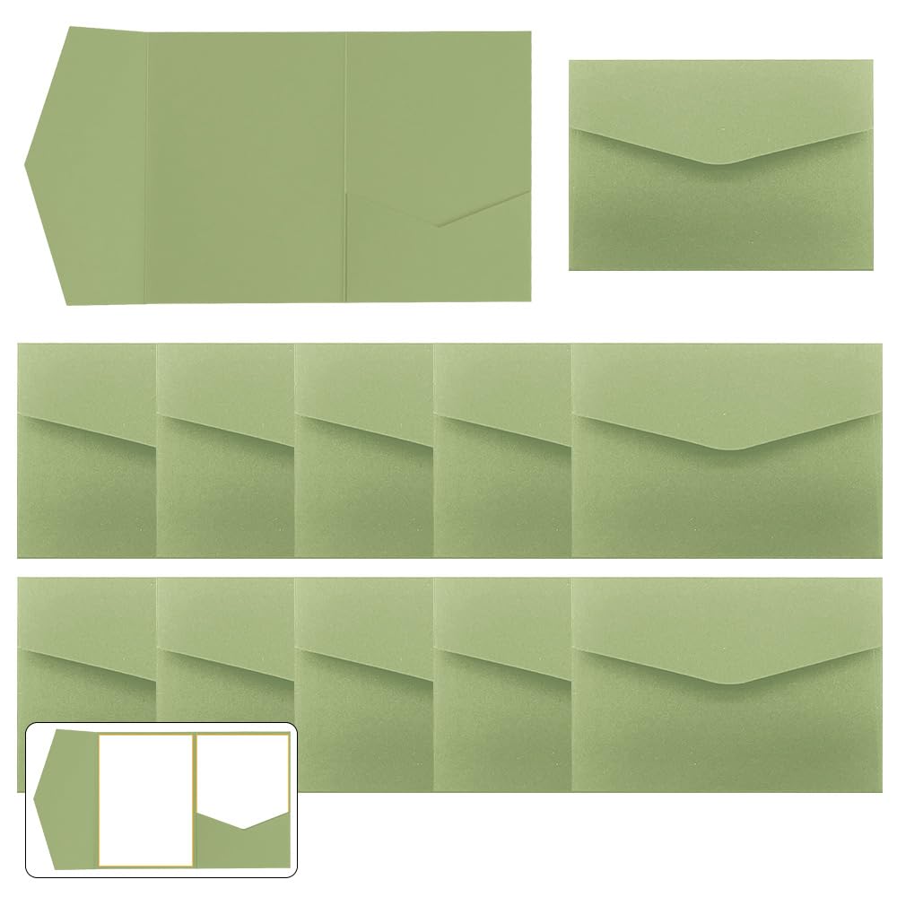 WYAN 12 PCS Sage Green Envelope, Wedding Invitation Card Pocket with Envelop, Tri-fold Wedding Invitation for Wedding Cards Bridal Shower Engagement Birthday Graduation Business Invitations