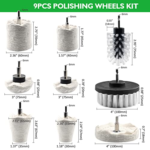 Chrome Polish Buffing Wheels For Drill, Chrome Wheel Polishing Kit Include Cloth Polish Pads And Wheel Buffer Brush With 1/4'' Shaft For Aluminum Car Motorcycle Wheel Rim Manifold Polishing, 9Pcs #TOP5