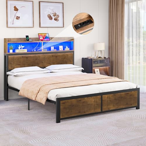 YITAHOME Bettgestell LED mit Kopfteil USB-Anschlüsse und Ladeausgänge Metallplattform-Bettgestell mit 2 Regalböden,Keine Matratze erforderlich,Braun 200X180CM