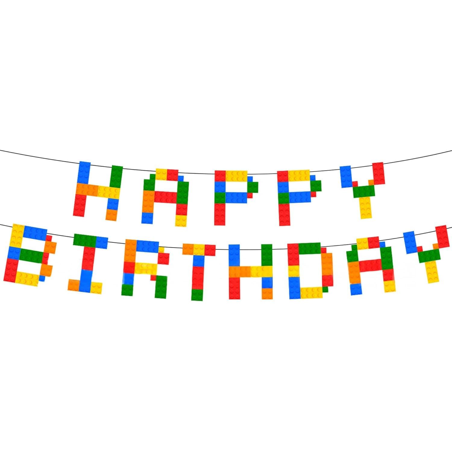 Building Blocks Birthday Decorations - Colorful Building Blocks Party Banner with Pre-Attached Hanging Ropes, Durable Thick Paper Kids Party Supplies for Birthday Celebration Decor