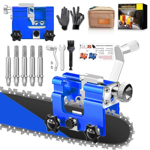 Chain Saw Sharpening Jig, Chain Saw Sharpener Tool with 5Pcs Tungsten Carbide Chainsaw Sharpener Bits, Blue Portable Manual Chainsaw Chain Sharpening Jig Kit for 4"-22" Chain Saws,
