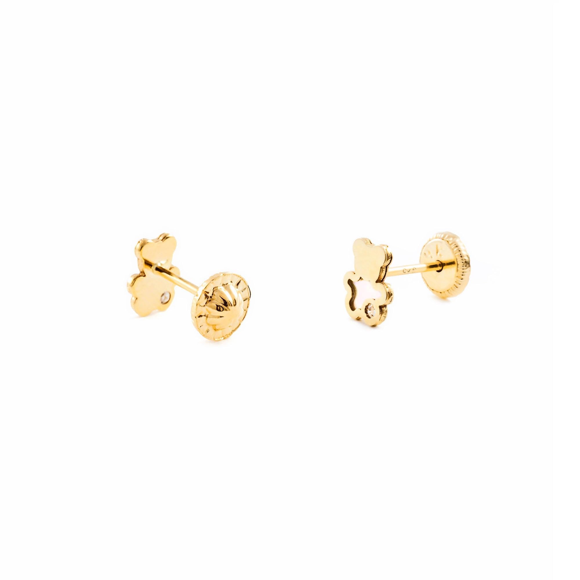 Pendientes Oro Bebe o Niña oso nacar y circón (9kts) - Estuche Regalo - Certificado de Garantía - Mondepetit