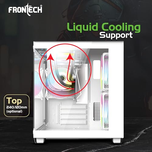 Image of Frontech Magnus Gaming Computer Cabinet | Micro-ATX /Mini-ITX | Tempered Glass Front & Side Panel | 5 RGB Fans | USB 3.0 | Liquid Cooling Support (FT-4384, White)