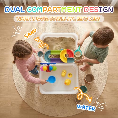 Image of Sand and Water Table for Toddlers, Wooden Activity Sensory Table | Kid Outdoor Toys with Painting PS Board, 2 Collapsible Bins, Beach Accessories, 4 Washable Paint Crayons and Waterproof Cover