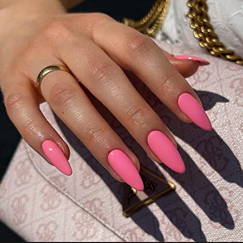 Hot Pink Press on Nails Medium Stiletto Almond,KQueenest Pure Color Acrylic Nails Kit Reusable Fake Nails with Feature Protective UV Coating for Women Nail Art Manicure in 24PCS