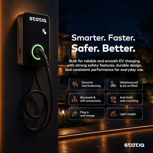 Image of Statiq 7.4kW Smart Nectar Home EV Charger with 5m Cable | App + RFID | Auto Cut-Off, Load Balancing | ARAI Certified, IP66 Rated | 2-Year Warranty