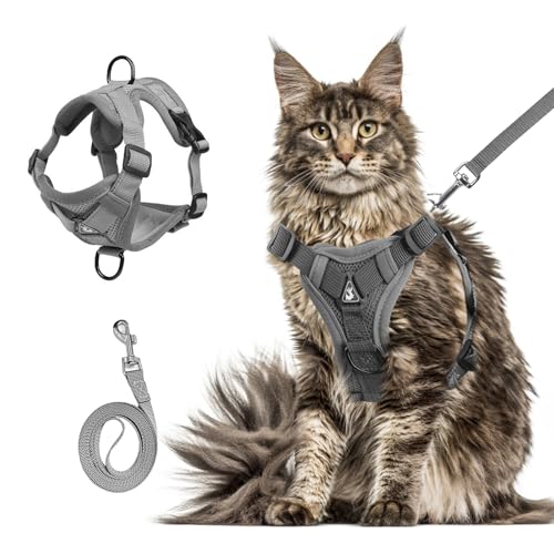 cat Chest Harness and Leash, Anti-Escape Adjustable Soft mesh cat Leash and Chest Harness Set for All Types of Cats cat Vests (Grey, 16.5-22.04lb)