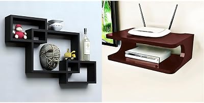 Store Interlock Engineered Wood Wall Mount Shelf for Living Room and Home Decor Items Set of 3 Black Top Box Stand WiFi Router Holder Wooden Shelves Setup Stylish Tv Cabinet Furniture