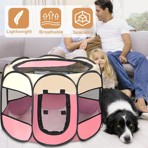 Lighterday Tragbarer Welpenauslauf,Welpenlaufstall Hundebox Faltbar Katzengehege,Wasserdichtes Oxford-Tuch Laufstall Hund,Katzenkäfig Hundekäfig für Katzen,Hunde,Kaninchen (Rosa, S, 8)
