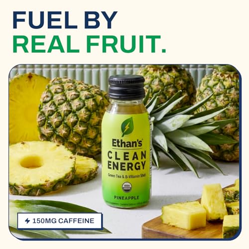 Image of Ethan's Organic Clean Energy Shots Pineapple, 2 Pack of 2oz | 150mg Caffeine | Green Tea, Guayusa, Lion's Mane & Cordyceps | Sugar-Free, Vegan, Gluten-Free, USDA Organic