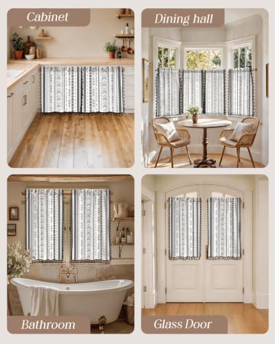 Image of Miss Adola Boho Kitchen Curtains - 45 Inch Length Linen Blend Modern Striped Cafe Curtains Tassels Tier Curtain Short Drapes Rod Pocket for Bathroom Living Room Windows Light Filtering, 2 Panels