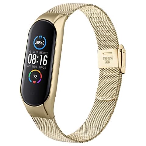Wanme Compatible with Xiaomi Mi Band 5 Strap/Xiaomi Mi Band 6 Strap, Metal Watch Wristband Accessories for Xiaomi Mi Band 5/6 (Champagne) Cover