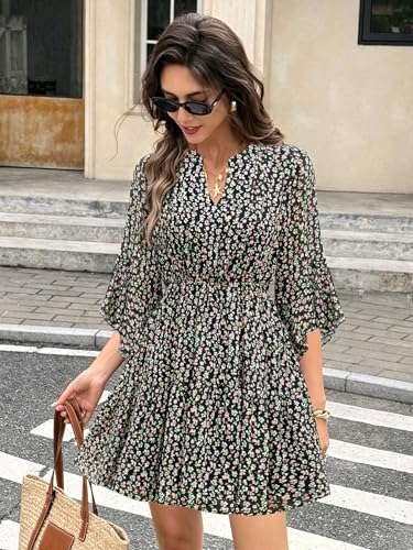Image of Womens Spring Summer Mini Dress Western Ruffled Sleeve Chiffon V Neck Flowy A Line Short Wedding Guest Party Dresses