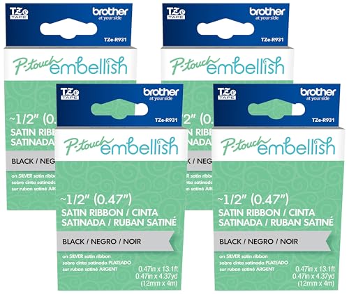 Image of Brother P-Touch Embellish Black Print on Silver Satin Ribbon TZER931 - ~ inch Wide x ~13.1' Long for use with P-Touch Embellish Ribbon & Tape Printer (Pack of 4)