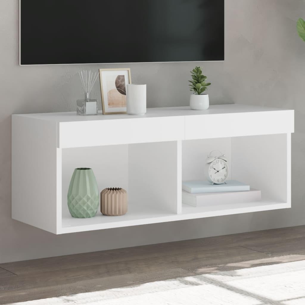 Bonnlo Meuble TV Avec LED, Banc TV, Noire, Meuble TV Avec Rangement, Meuble Télé Pour Salon, Chambre, 130 X 35 X 45cm (Blanc