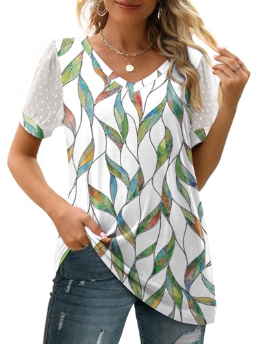 Image of Aokosor Womens Summer Tops V Neck T Shirts Swiss Dot Puff Sleeve Tops Loose Casual Tshirts