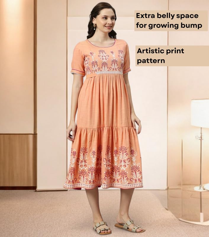 Image of DUMMY SHAPE Feeding Kurtis for Women Cotton Blend | Printed Pregnancy Flare Kurta with Dual Nursing Zippers to Pre & Post Partum | Maternity Dresses | Gifts for Pregnant Woman
