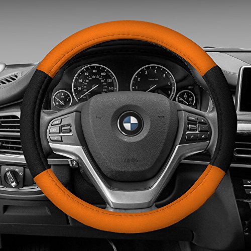 Image of FH Group Universal Fit Modernistic and Seat Belt Pads Combo Set Steering Wheel Cover Fits Most Cars, SUVs Orange