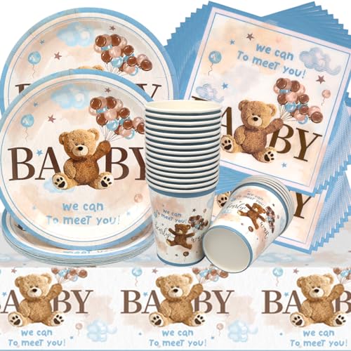 Doyomtoy Vaisselle de Fête Ours en Peluche Anniversaire, 61 Pièces Ours Vaisselle Papier Set Assiettes en Papier Serviettes Tasses pour Fête à Thème Baby Shower Décorations Fête d'anniversaire