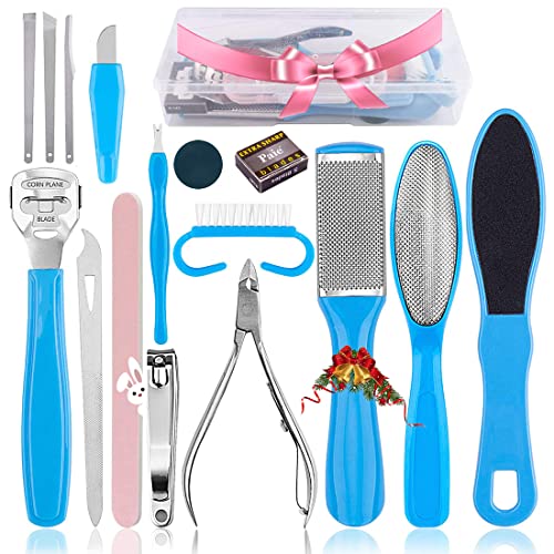 Professional Pedicure Kit(17in1),Stainless Steel Foot File Exfoliating Prevent Clean Dead Skin Tool Kit,Nail Toenail Clipper Foot Care Kit for Men,Women,Salon,Home (Blue)