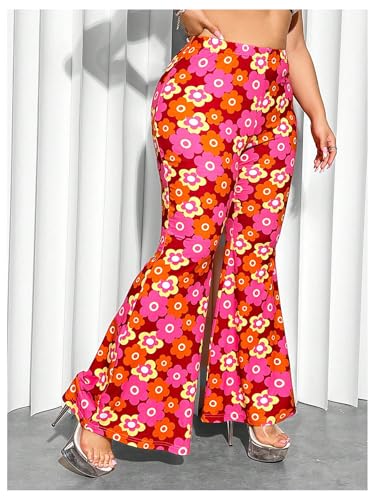 OYOANGLE Women's Plus Size Boho Floral Print Flare Pants Elastic High Waist Skinny Bell Bottoms4