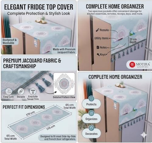 Image of Fridge Top Cover by Motira - Double Door & French Door Protector, Floral Embroidery with 6 Pockets 65 x 170 CM (Blue)