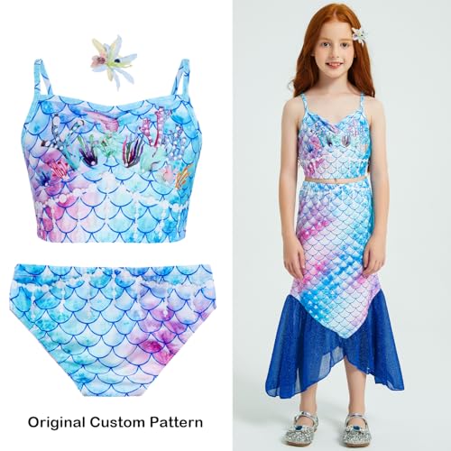 Mermaid Girls Bathing Suit 3Pcs Bikini Bottoms Fish Tail Swimsuit Kids Beach Pool Swimwear 3-12Y2